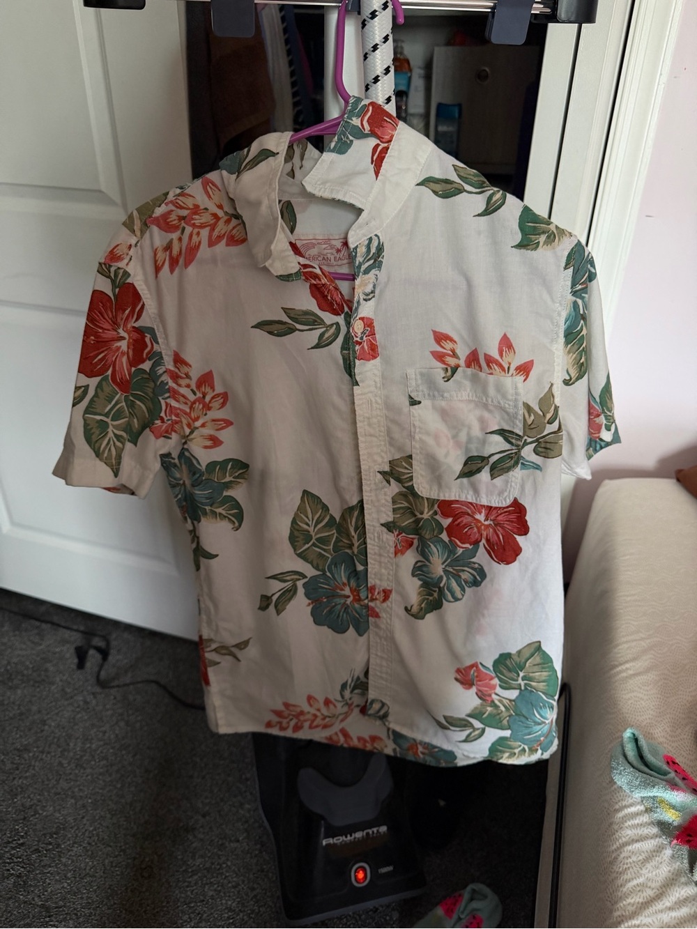 Men's Tropical Floral Short-Sleeve Shirt - White with Red & Green Floral Print